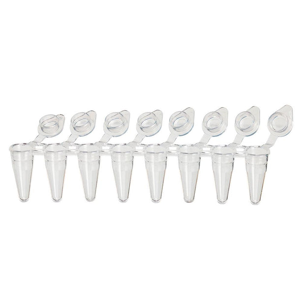 Globe Scientific Strips DiamondLink 8-Strip PCR Tubes with Individually Attached Flat Caps, Low-Profile, 0.1mL, White - PCR-DL-01FW - 120 Each