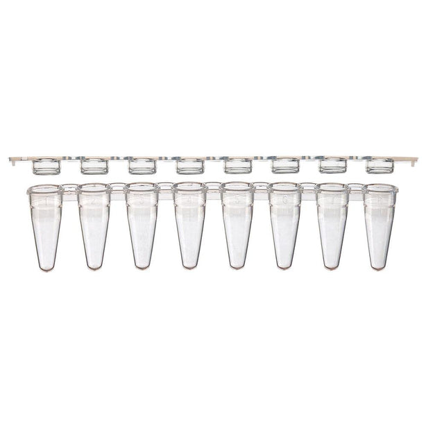 Globe Scientific Strips 8-Strip PCR Tubes with Separate Flat Caps, Low-Profile, 0.1mL, Natural - PCR-STR-01FW - 125 Each