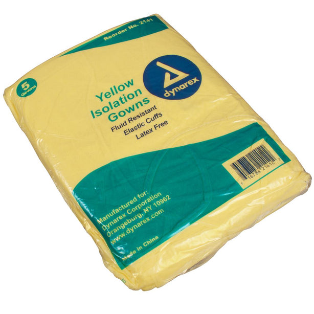 Dynarex 2141 Disposable Full-Back Isolation Gown with Elastic Wrists, Yellow - MDL-DYA2141 - 50 Each