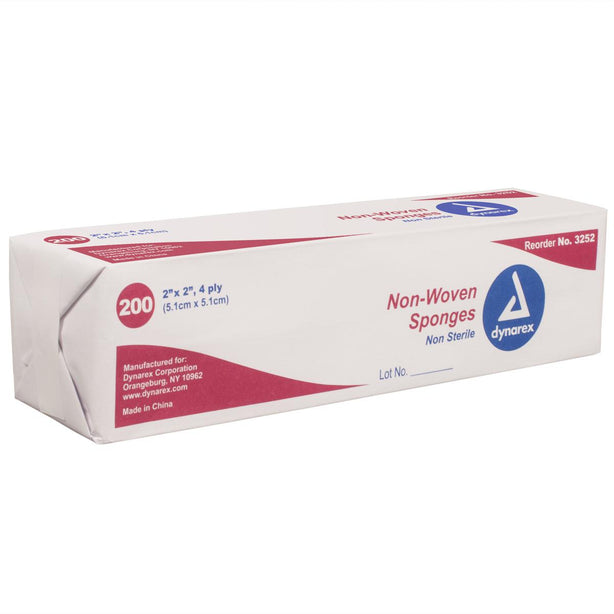 Dynarex Non-Woven Nonwoven Gauze Sponge, Nonsterile, 4-Ply, 2" x 2" - 3252 - 4000 Each