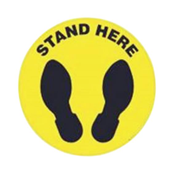 Ergomat COVID-19 Social Distancing and Strips DSV-SIGN "Stand Here" Safety Sign, Round Yellow, 12" - 144-SD-N - 1 Each