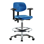 E Com Seatin High Bench-Height Chair, Polyurethane, Chrome Foot Ring, Arms, Casters, Blue - PHBCH-CR-T0-A1-CF-CC-BLU - 1 Each