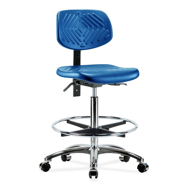 E Com Seatin High Bench-Height Chair, Polyurethane, Seat Tilt, Chrome Foot Ring, Casters, Blue - PHBCH-CR-T1-A0-CF-CC-BLU - 1 Each