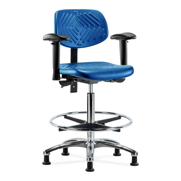 E Com Seatin High Bench-Height Chair, Polyurethane, Seat Tilt, Foot Ring, Arms, Glides, Chrome Frame, Blue - PHBCH-CR-T1-A1-CF-RG-BLU - 1 Each