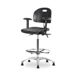 Eo2 Concepts PU CLR-HPHBCH-CR-T0-A1-CF-RG-BLK Class 100 Cleanroom Newport Polyurethane High Bench-Height Chair, Adjustable Height, 24.5" x 33.5" H, No Seat Tilt, Adjustable Armrests, Chrome Foot Ring, Glides, Black - 1 Each