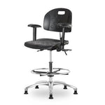 Eo2 Concepts PU CLR-HPMBCH-CR-T0-A1-CF-RG-BLK Class 100 Cleanroom Newport Polyurethane Medium Bench-Height Chair, Adjustable Height, 19.5" to 27.5" H, No Seat Tilt, Adjustable Armrests, Chrome Foot Ring, Glides, Black - 1 Each