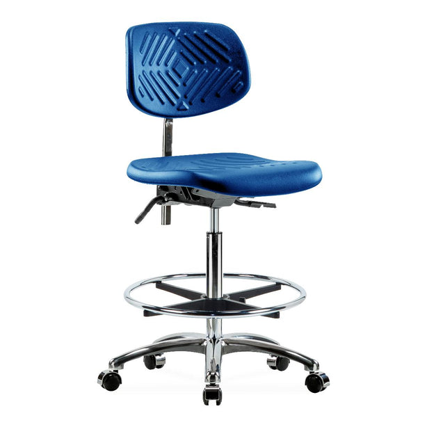 E Com Seatin Class 100 Cleanroom High Bench-Height Chair, Polyurethane, Seat Tilt, Chrome Foot Ring, Casters, Blue - NCR-PHBCH-CR-T1-A0-CF-CC-BLU - 1 Each