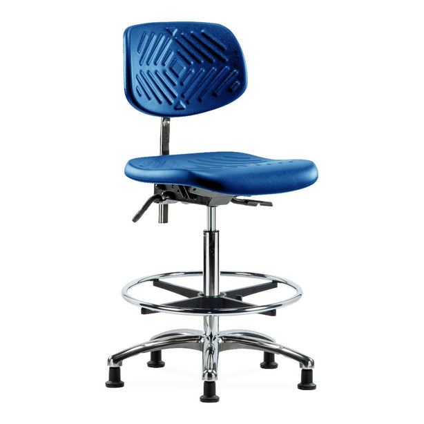 E Com Seatin Class 100 Cleanroom High Bench-Height Chair, Polyurethane, Seat Tilt, Chrome Foot Ring, Glides, Blue - NCR-PHBCH-CR-T1-A0-CF-RG-BLU - 1 Each