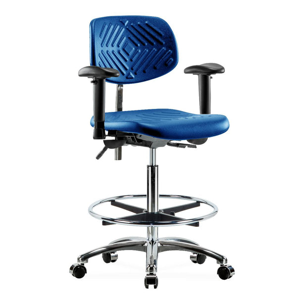 E Com Seatin Class 100 Cleanroom High Bench-Height Chair, Polyurethane, Seat Tilt, Foot Ring, Arms, Casters, Blue - NCR-PHBCH-CR-T1-A1-CF-CC-BLU - 1 Each