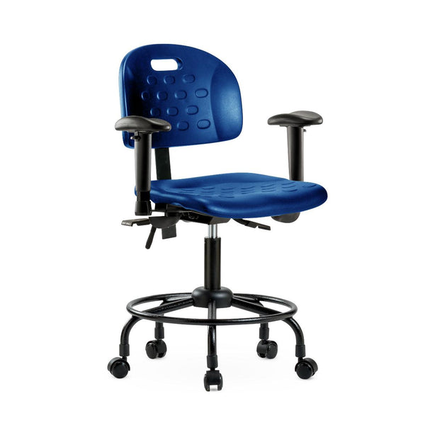 E Com Seatin Industrial Newport Desk-Height Chair, Polyurethane, Round Base, Seat Tilt, Arms, Casters, Blue - HPDHCH-RT-T1-A1-RC-BLU - 1 Each
