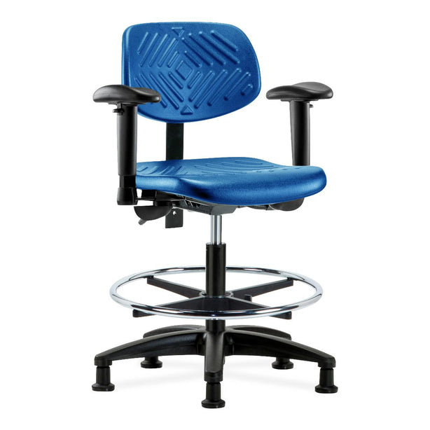 E Com Seatin Medium Bench-Height Chair, Polyurethane, Chrome Foot Ring, Arms, Glides, Blue - PMBCH-RG-T0-A1-CF-RG-BLU - 1 Each