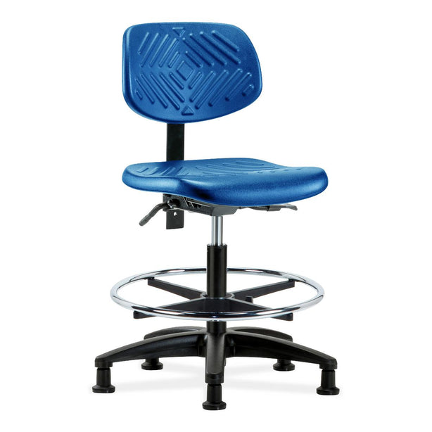 E Com Seatin Medium Bench-Height Chair, Polyurethane, Seat Tilt, Chrome Foot Ring, Glides, Blue - PMBCH-RG-T1-A0-CF-RG-BLU - 1 Each