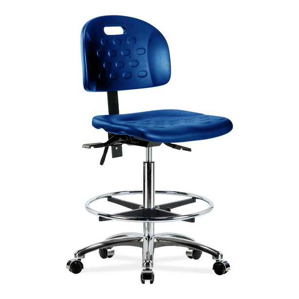 E Com Seatin Newport High Bench-Height Chair, Polyurethane, Foot Ring, Casters, Chrome Frame, Blue - HPHBCH-CR-T0-A0-CF-CC-BLU - 1 Each