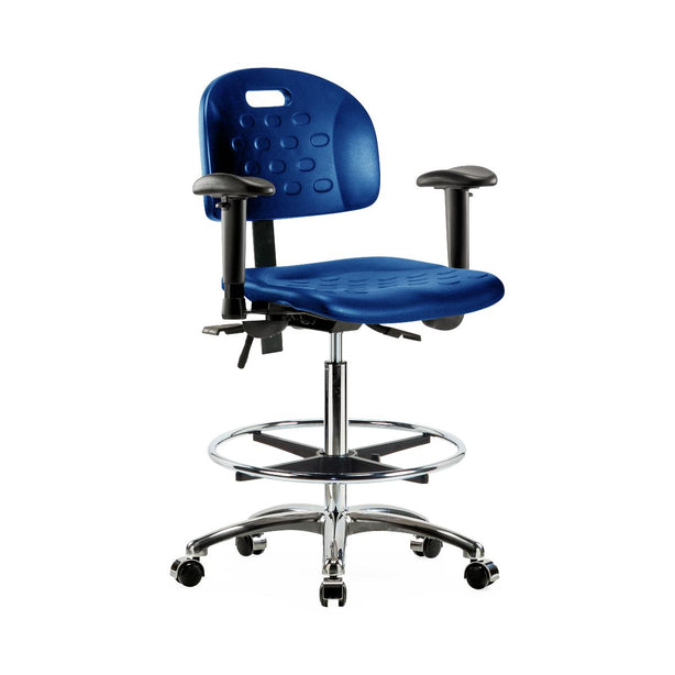 E Com Seatin Newport High Bench-Height Chair, Polyurethane, Seat Tilt, Foot Ring, Arms, Casters, Chrome Frame, Blue - HPHBCH-CR-T1-A1-CF-CC-BLU - 1 Each