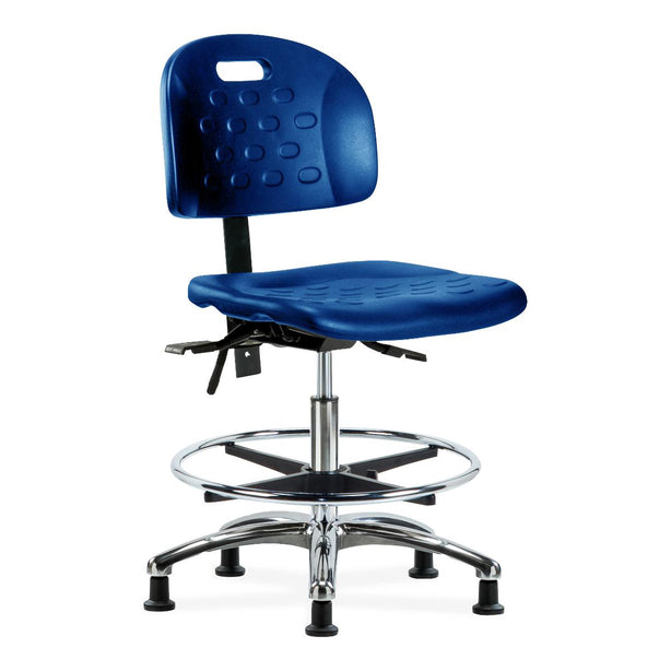 E Com Seatin Industrial Newport Medium Bench-Height Chair, Polyurethane, Chrome Foot Ring, Glides, Blue - HPMBCH-CR-T0-A0-CF-RG-BLU - 1 Each