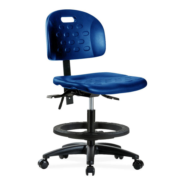 E Com Seatin Industrial Newport Medium Bench-Height Chair, Polyurethane, Black Foot Ring, Casters, Blue - HPMBCH-RG-T0-A0-BF-RC-BLU - 1 Each