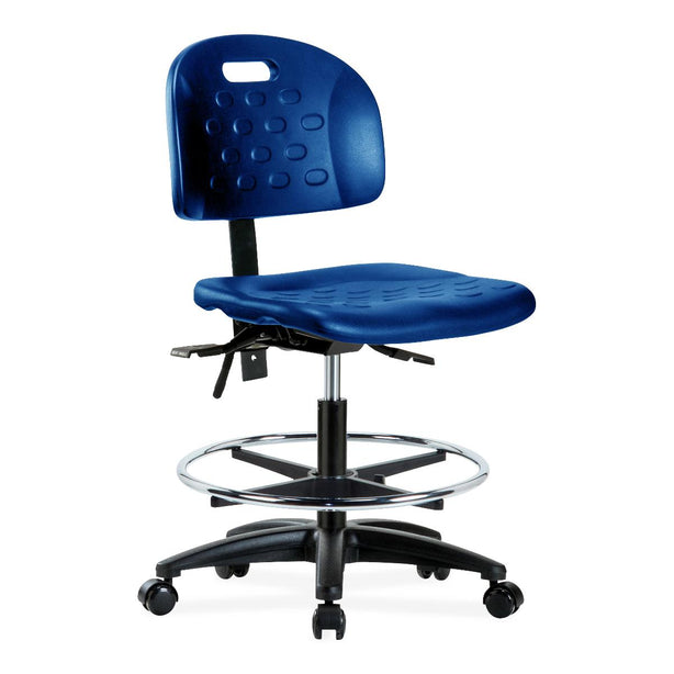 E Com Seatin Industrial Newport Medium Bench-Height Chair, Polyurethane, Chrome Frame, Casters, Blue - HPMBCH-RG-T0-A0-CF-RC-BLU - 1 Each