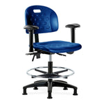 E Com Seatin Industrial Newport Medium Bench-Height Chair, Polyurethane, Seat Tilt, Chrome Foot Ring, Arms, Glides, Blue - HPMBCH-RG-T1-A1-CF-RG-BLU - 1 Each