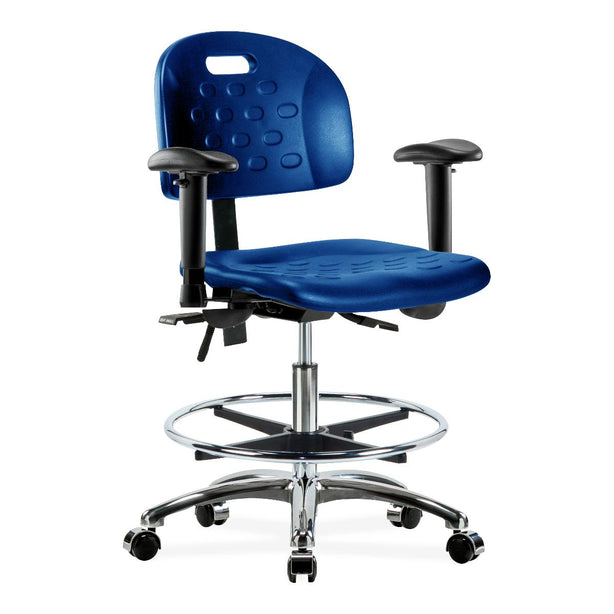 E Com Seatin Industrial Newport Medium Bench-Height Chair, Polyurethane, Seat Tilt, Foot Ring, Arms, Casters, Chrome Frame, Blue - HPMBCH-CR-T1-A1-CF-CC-BLU - 1 Each