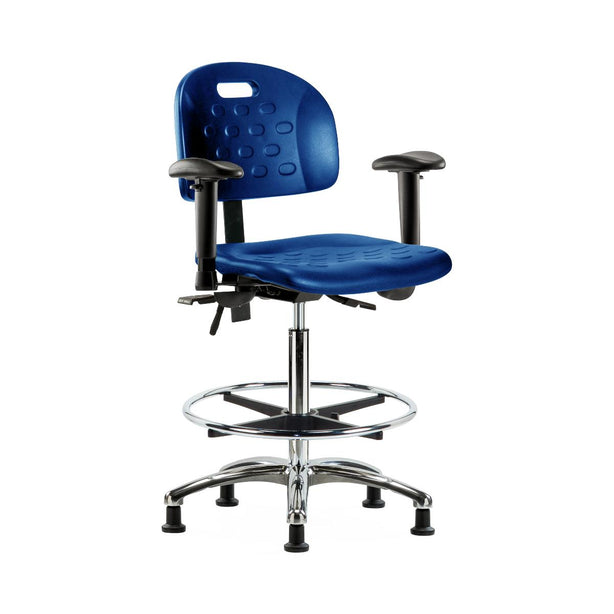 E Com Seatin Newport High Bench-Height Chair, Polyurethane, Foot Ring, Arms, Glides, Chrome Frame, Blue - HPHBCH-CR-T0-A1-CF-RG-BLU - 1 Each