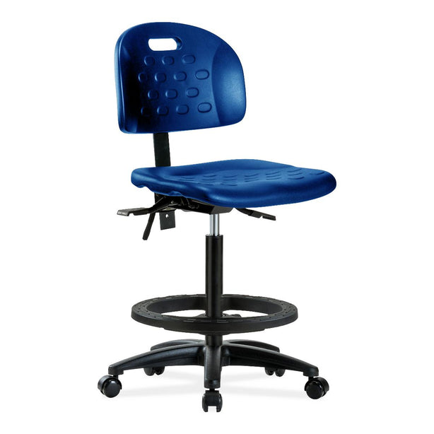 E Com Seatin Newport High Bench-Height Chair, Polyurethane, Black Foot Ring, Casters, Blue - HPHBCH-RG-T0-A0-BF-RC-BLU - 1 Each