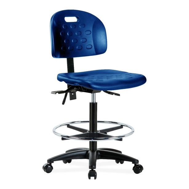 E Com Seatin Newport High Bench-Height Chair, Polyurethane, Chrome Foot Ring, Casters, Blue - HPHBCH-RG-T0-A0-CF-RC-BLU - 1 Each