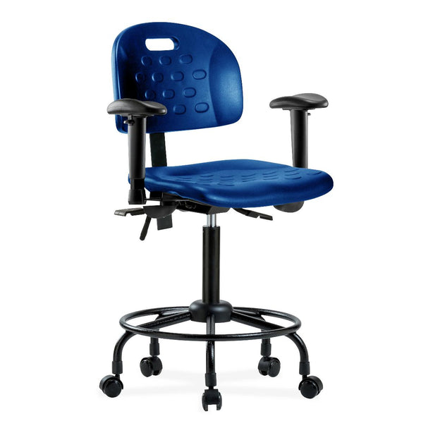 E Com Seatin Industrial Newport Medium Bench-Height Chair, Polyurethane, Round Tube Base, Arms, Casters, Blue - HPMBCH-RT-T0-A1-RC-BLU - 1 Each