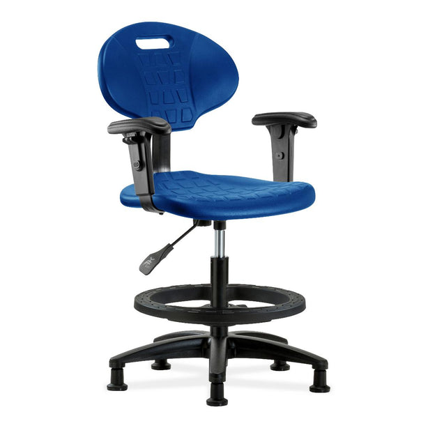 E Com Seatin Erie Medium Bench-Height Chair, Polyurethane, Black Foot Ring, Arms, Glides, Blue - TPMBCH-RG-A1-BF-RG-BLU - 1 Each
