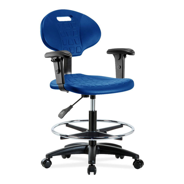 E Com Seatin Erie Medium Bench-Height Chair, Polyurethane, Chrome Foot Ring, Arms, Casters, Blue - TPMBCH-RG-A1-CF-RC-BLU - 1 Each