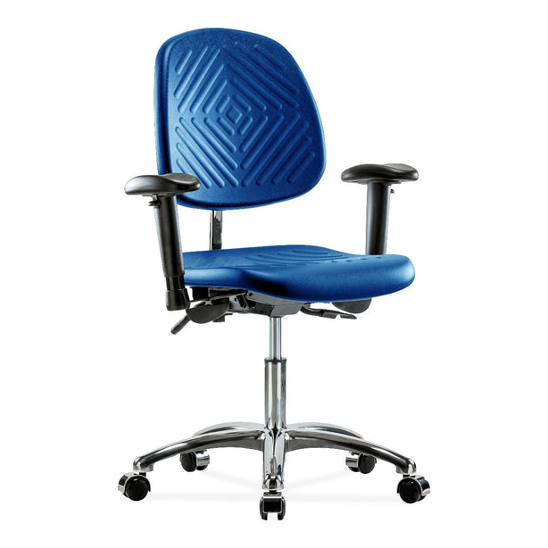 E Com Seatin Class 100 Cleanroom Desk Chair, Polyurethane, Medium Back, Seat Tilt, Arms, Casters, Blue - NCR-PDHCH-MB-CR-T1-A1-CC-BLU - 1 Each