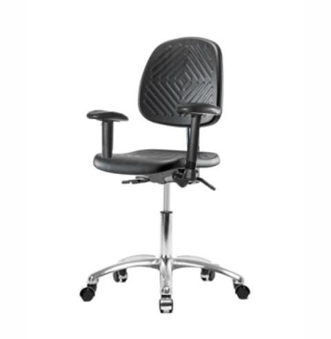 Eo2 Concepts PU Desk-Height Class 100 Cleanroom Polyurethane Desk Chair with Medium Back, Adjustable Height, 17" to 22" H, Seat Tilt, Adjustable Armrests, Casters, Black - NCR-PDHCH-MB-CR-T1-A1-CC-BLK - 1 Each