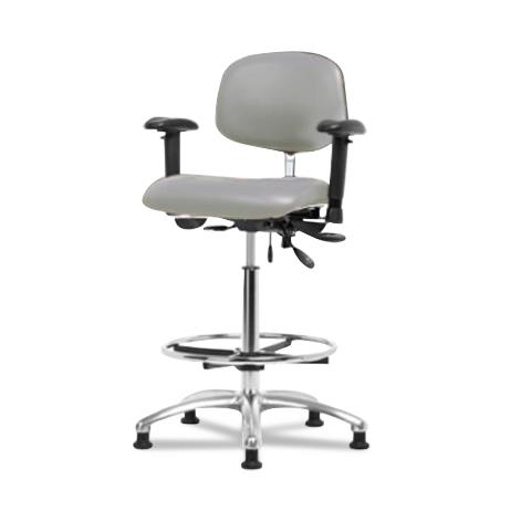 Eo2 Concepts NCR-VHBCH-CR-T0-A1-CF-RG-8567 Class 100 Vinyl Cleanroom Chair with Chrome Foot Ring, High Bench-Height, 26" to 35.5", No Seat Tilt, Adjustable Armrests, Glides, Dove - 1 Each
