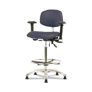 Eo2 Concepts NCR-VHBCH-CR-T0-A1-CF-RG-8582 Class 100 Vinyl Cleanroom Chair with Chrome Foot Ring, High Bench-Height, 26" to 35.5", No Seat Tilt, Adjustable Armrests, Glides, Imperial Blue - 1 Each