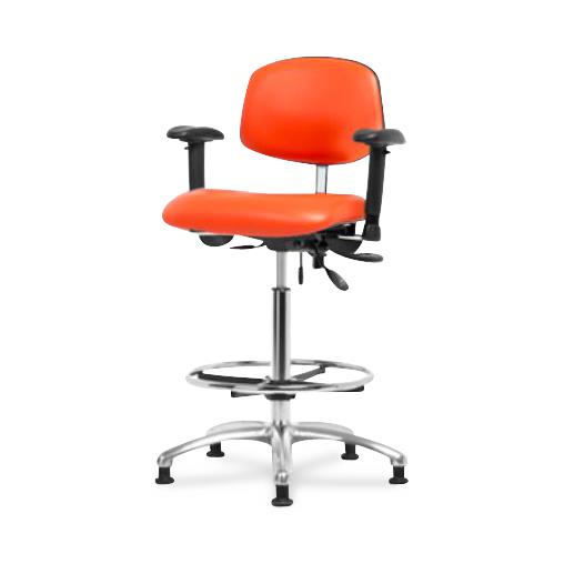 Eo2 Concepts NCR-VHBCH-CR-T0-A1-CF-RG-8613 Class 100 Vinyl Cleanroom Chair with Chrome Foot Ring, High Bench-Height, 26" to 35.5", No Seat Tilt, Adjustable Armrests, Glides, Orange Kist - 1 Each