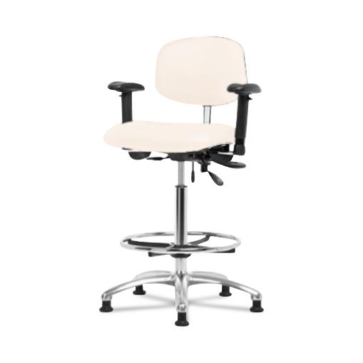 Eo2 Concepts NCR-VHBCH-CR-T0-A1-CF-RG-8501 Class 100 Vinyl Cleanroom Chair with Chrome Foot Ring, High Bench-Height, 26" to 35.5", No Seat Tilt, Adjustable Armrests, Glides, Adobe White - 1 Each