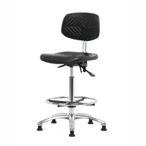 Eo2 Concepts PU High-Bench with Optional Class 10 Cleanroom Polyurethane High Bench-Height Chair, Adjustable Height, 24.5" x 33.5" H, No Seat Tilt, No Armrests, Chrome Foot Ring, Glides, Black - NCR-PHBCH-CR-T0-A0-CF-RG-BLK - 1 Each