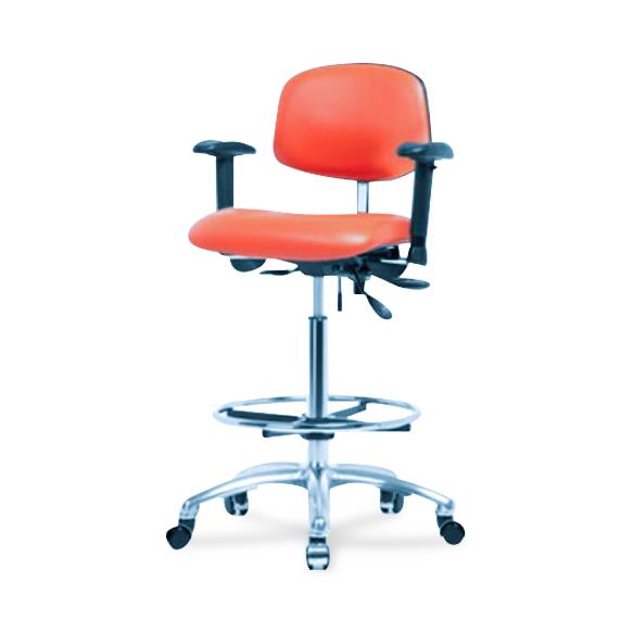 Eo2 Concepts NCR-VHBCH-CR-T0-A1-CF-CC-8613 Class 100 Vinyl Cleanroom Chair with Chrome Foot Ring, High Bench-Height, 26" to 35.5", No Seat Tilt, Adjustable Armrests, Casters, Orange Kist - 1 Each