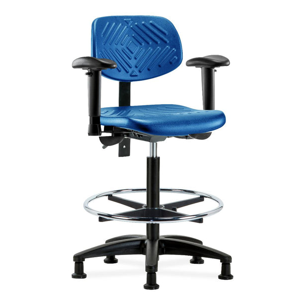 E Com Seatin High Bench-Height Chair, Polyurethane, Chrome Foot Ring, Arms, Glides, Blue - PHBCH-RG-T0-A1-CF-RG-BLU - 1 Each