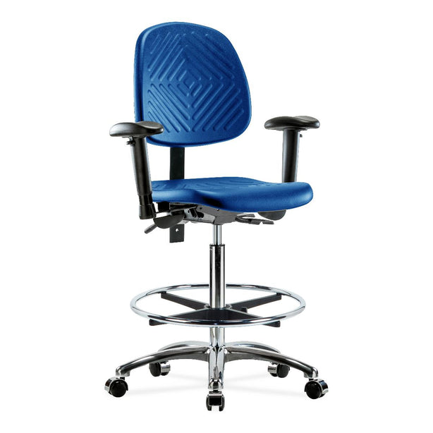 E Com Seatin High Bench-Height Chair, Polyurethane, Medium Back, Foot Ring, Arms, Casters, Blue - PHBCH-MB-CR-T0-A1-CF-CC-BLU - 1 Each