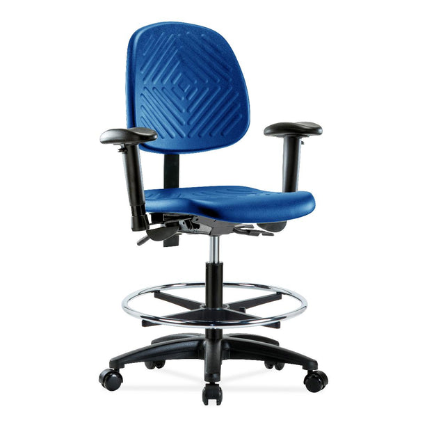 E Com Seatin Medium Bench-Height Chair, Polyurethane, Medium Back, Chrome Foot Ring, Arms, Glides, Blue - PMBCH-MB-RG-T0-A1-CF-RG-BLU - 1 Each