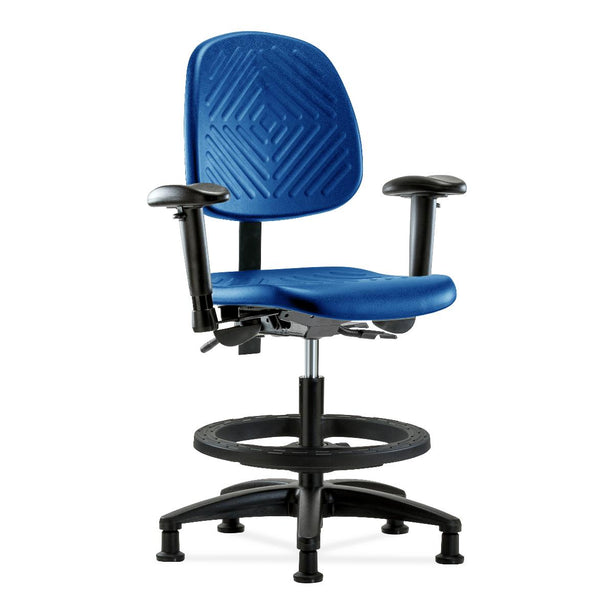 E Com Seatin Medium Bench-Height Chair, Polyurethane, Medium Back, Seat Tilt, Black Foot Ring, Arms, Glides, Blue - PMBCH-MB-RG-T1-A1-BF-RG-BLU - 1 Each