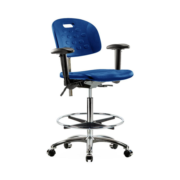 E Com Seatin Clean Room Industrial Desk-Height CLR-HPHBCH-CR-T1-A1-CF-CC-BLU Newport Class 100 Cleanroom High-Height Chair, Polyurethane, Seat Tilt, Foot Ring, Adjustable Arms, Casters, Blue - 1 Each
