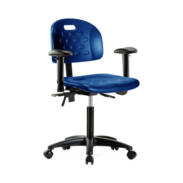 E Com Seatin Industrial Newport Medium Bench-Height Chair, Polyurethane, Seat Tilt, Arms, Casters, Blue - HPMBCH-RG-T1-A1-NF-RC-BLU - 1 Each
