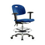 E Com Seatin Clean Room Industrial Desk-Height CLR-HPMBCH-CR-T0-A1-CF-CC-BLU Newport Class 100 Cleanroom Medium-Height Chair, Polyurethane, Chrome Foot Ring, Adjustable Arms, Casters, Blue - 1 Each