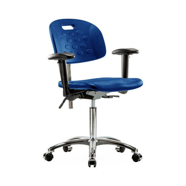 E Com Seatin Clean Room Industrial Desk-Height CLR-HPMBCH-CR-T1-A1-NF-CC-BLU Newport Class 100 Cleanroom Medium-Height Chair, Polyurethane, Seat Tilt, Adjustable Arms, Casters, Blue - 1 Each