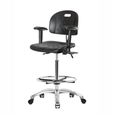 Eo2 Concepts PU CLR-HPHBCH-CR-T1-A1-CF-CC-BLK Class 100 Cleanroom Newport Polyurethane High Bench-Height Chair, Adjustable Height, 24.5" x 33.5" H, Seat Tilt, Adjustable Armrests, Chrome Foot Ring, Casters, Black - 1 Each