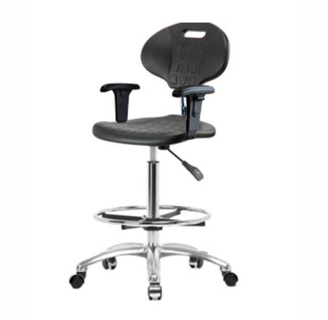Eo2 Concepts PU Class 100 Cleanroom Erie Polyurethane High Bench-Height Chair, Adjustable Height, 24.5" x 33.5" H, Adjustable Armrests, Chrome Foot Ring, Casters, Black - CLR-TPHBCH-CR-A1-CF-CC-BLK - 1 Each