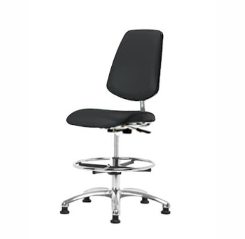 Eo2 Concepts w / Class 10 Cleanroom Vinyl Medium Bench-Height Chair with Medium Back, Adjustable Height, 22" x 29" H, No Armrests, Chrome Foot Ring, Glides, Black - EOLRVMBMBG854