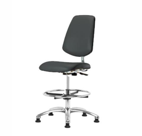 Eo2 Concepts w / Class 10 Cleanroom Vinyl Medium Bench-Height Chair with Medium Back, Adjustable Height, 22" x 29" H, No Armrests, Chrome Foot Ring, Glides, Charcoal - EOLRVMBMBG865