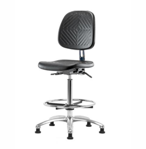 Eo2 Concepts PU Class 10 Cleanroom Polyurethane Medium Bench-Height Chair with Medium Back, Adjustable Height, 19.5" x 27.5" H, Chrome Foot Ring, No Armrests, Glides, Black - CLR-PMBCH-MB-CR-CF-RG-BLK - 1 Each